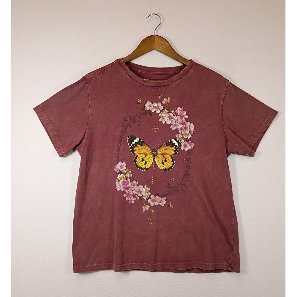 Cottagecore Lucky Brand Women Medium Maroon Butterfly Floral Graphic Studded Tee